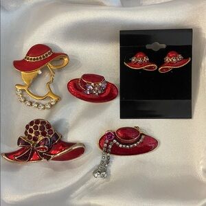 Red Hat Society Inspired Red Gold Brooch pins and earring beautifully crafted
